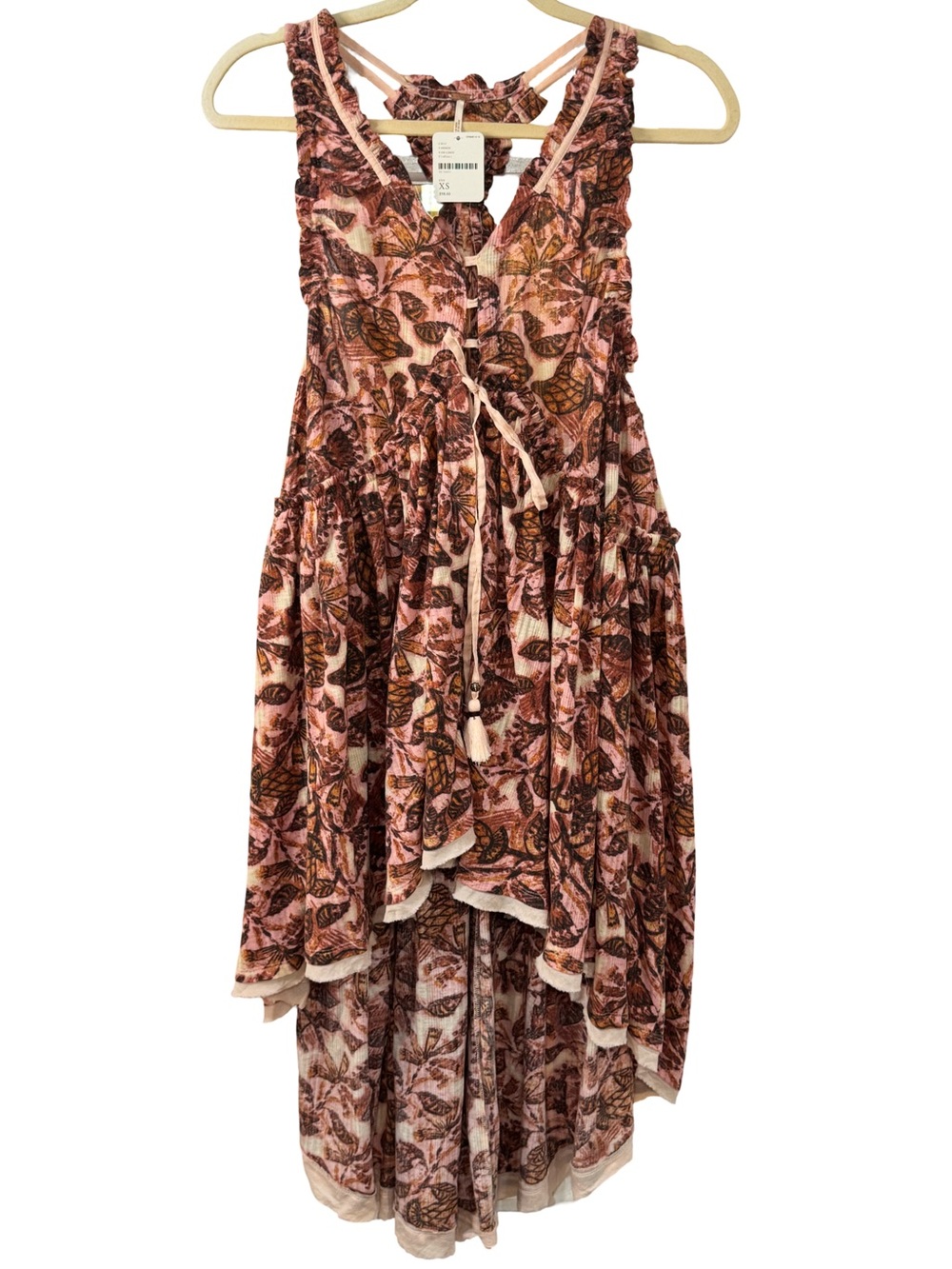 🥥🌸 Free People Sea Shell Tunic Tank Maci Top Pink Leaf-Print High-Low Boho 🌸🥥